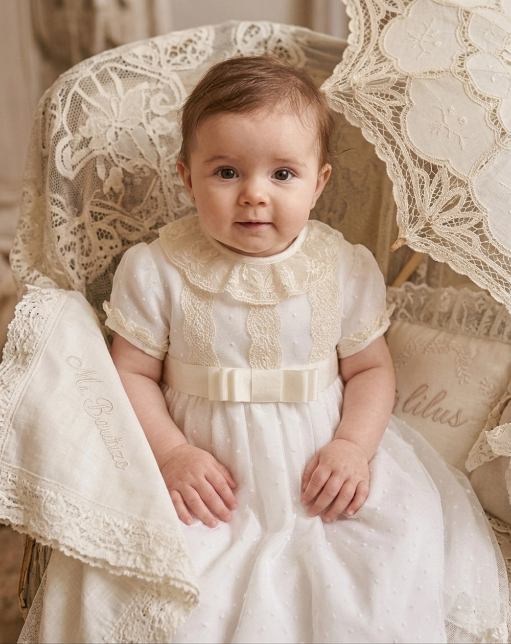 Traje de bautizo con topitos Lilus